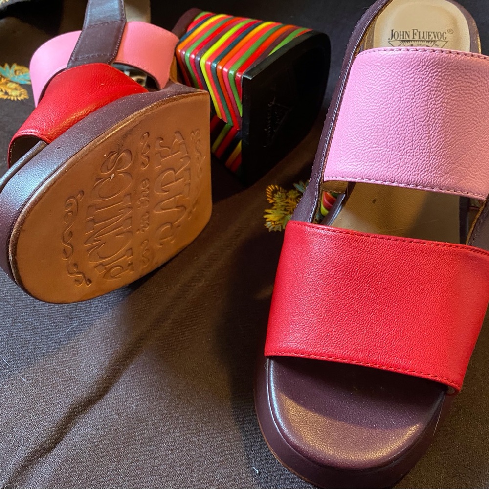 John Fluevog Red and Pink Rainbow Wedge Sandals - Picture 3 of 6